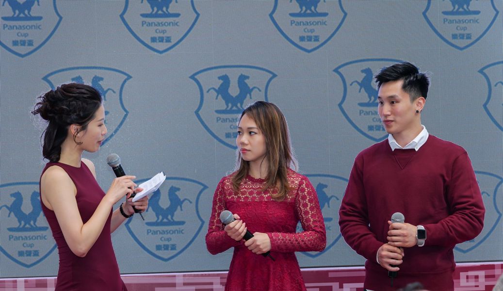 Two of the ten awardees of Panasonic Sports Scholarship (1st from right) Mr. Shek Wai Hung, Stone(Gymnastics) and (Middle) Miss Lau Mo Sheung, Grace(Karatedo) were invited to join the Panasonic Cup and shared their latest updates about fighting for a ticket to 2020 Tokyo Olympic Games.