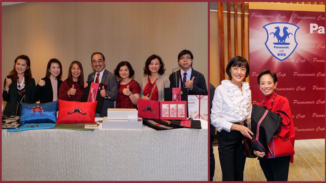 (4th from right in the left picture) Mr. David Mong showed his support to Les Beatitudes; (1st from right in the right picture) Ms. Cynthia Mong presented the unique tote bag to our guests.